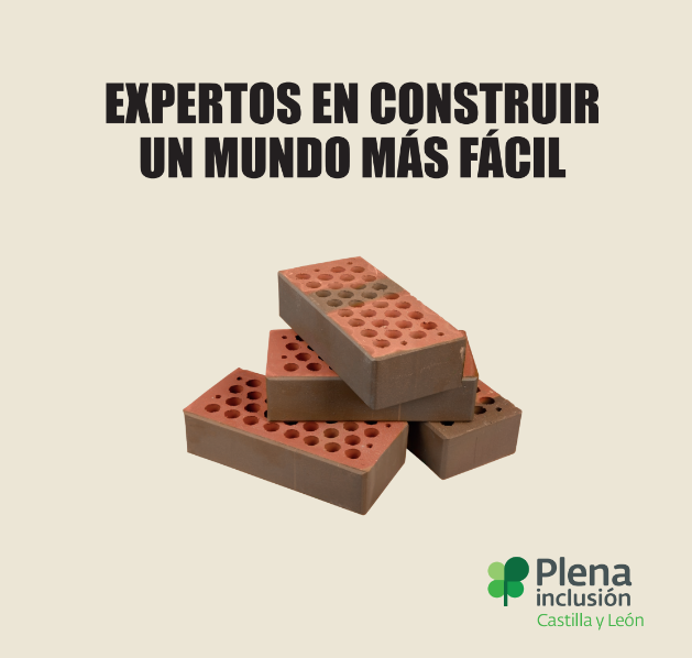 Fondo color beis. Arriba se lee el texto "expertos en construir un mundo más fácil". Debajo hay unos ladrillos y el logo de Plena inclusión CyL